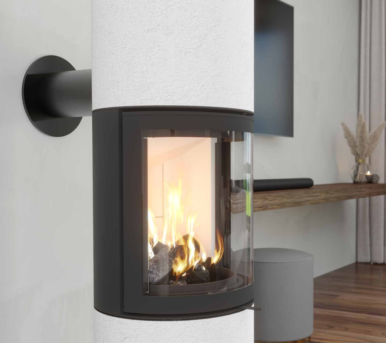 180-Grad-Sichtscheibe des CB-tec neocube R mit brennendem Feuer, Nahaufnahme