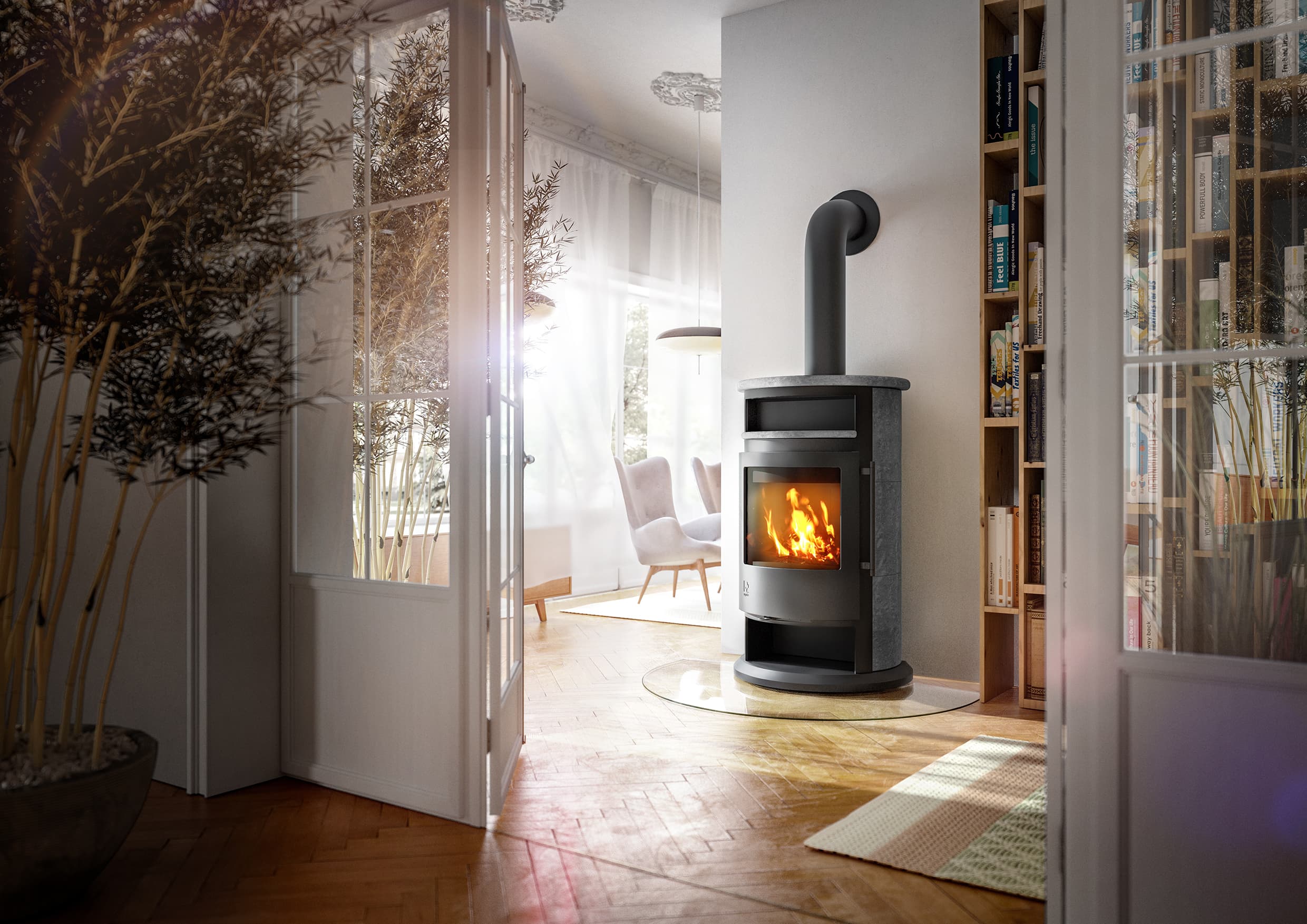 Drooff Varese 3 Kaminofen mit Specksteinverkleidung im Wohnraum