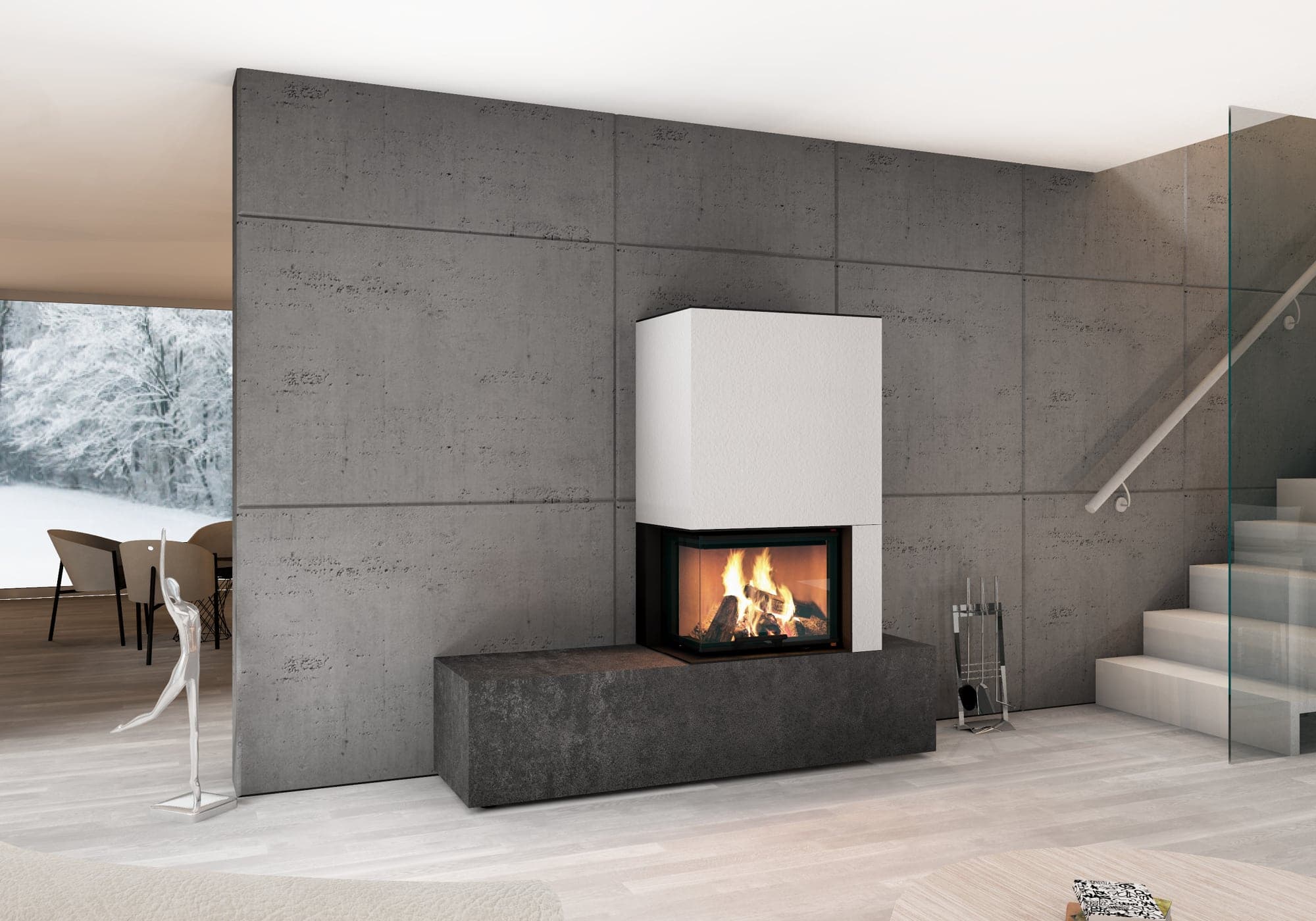 Moderner Kaminbausatz NeoCube C20 mit weißer Verkleidung und schwarzem Feuerraum in Betonwandumgebung, dahinter Treppe und
