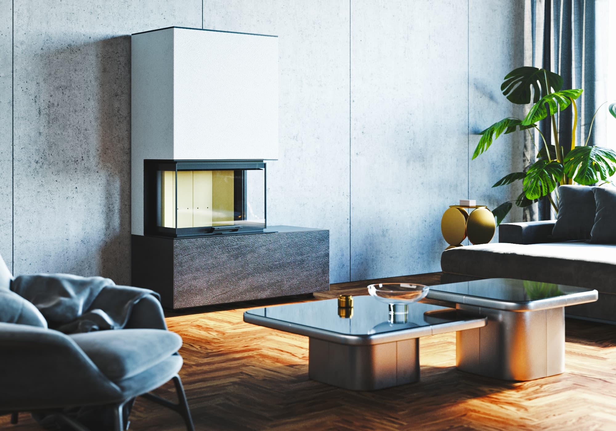 Moderner Kaminbausatz NeoCube P10 mit schwarzem Rahmen und cremefarbener Brennkammer in minimalistischem Wohnzimmer mit