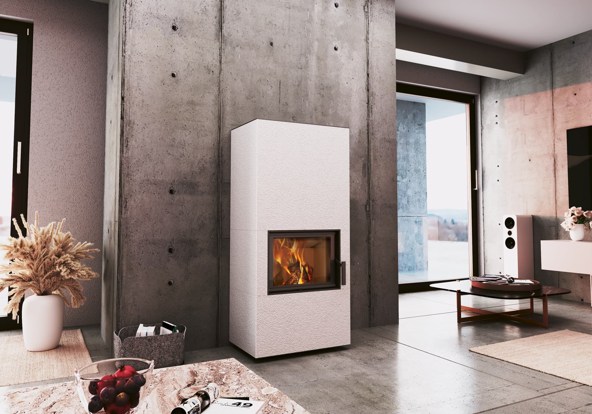 Neocube F-Serie: Speicherofen mit weißer Verblendung und schwarzer Feuerraum-Einfassung in modernem Wohnraum mit Betonwänden