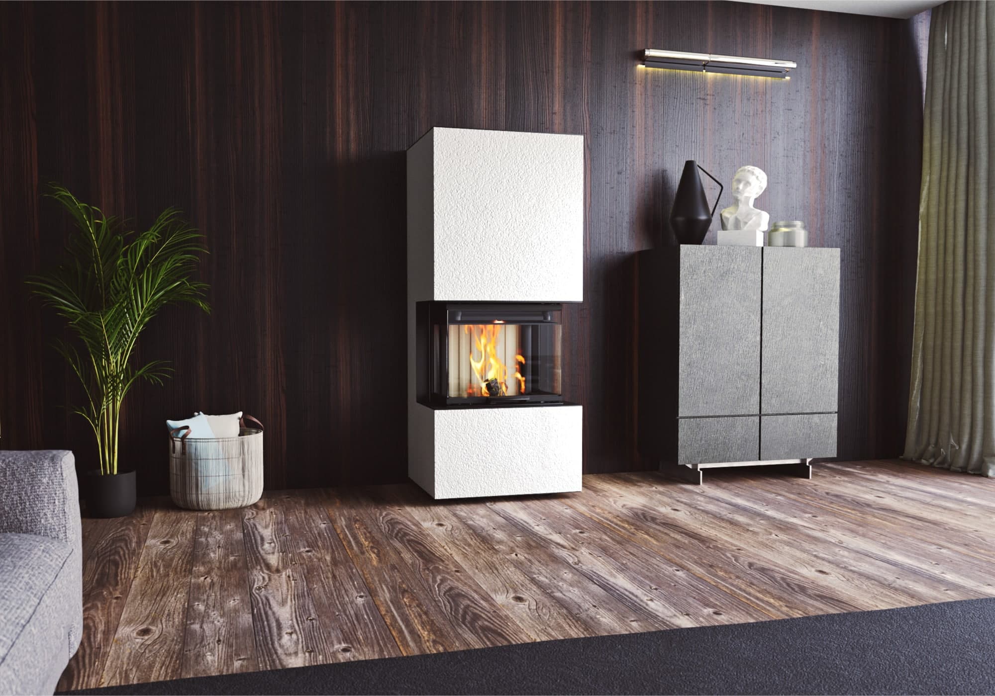 Neocube P30-Serie Kaminbausatz – Kaminbausatz mit weißer Verkleidung und integriertem Kaminofen in Wohnzimmereinrichtung mit dunkler