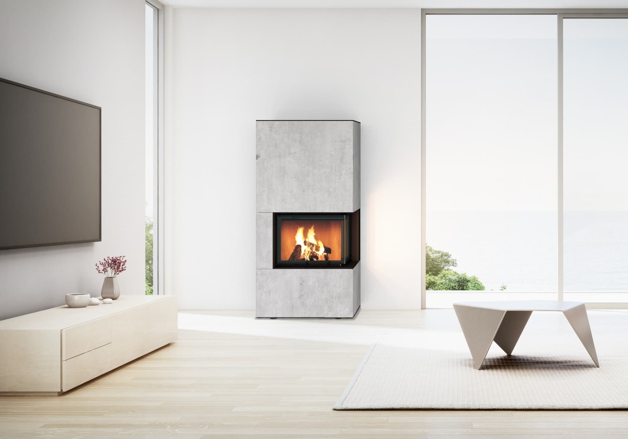 Kaminbausatz der C10-Serie von Neocube mit Betonoptik-Verkleidung und schwarzer Feuerraumöffnung in minimalistischem