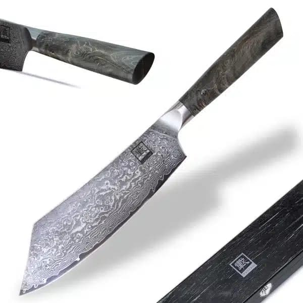 Damaszener Kochmesser mit geschmiedetem Klingenmuster, schwarzem Holzgriff und Lederscheide