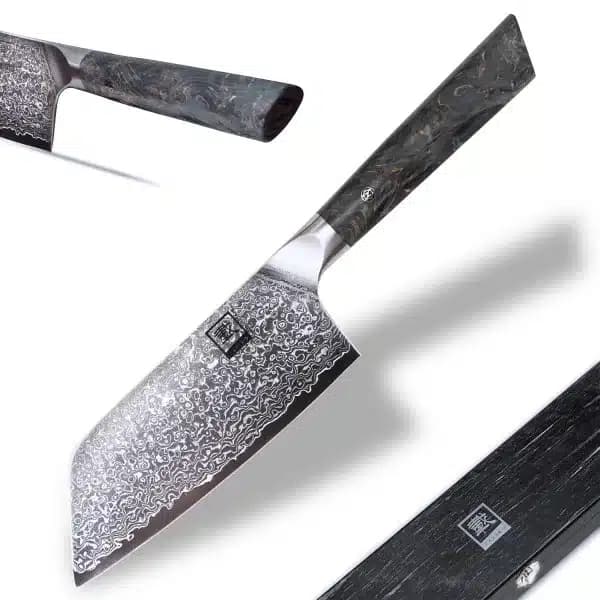 Kochmesser mit Damaszener-Stahlklinge und schwarzem Griff, gezeigt von drei Blickwinkeln