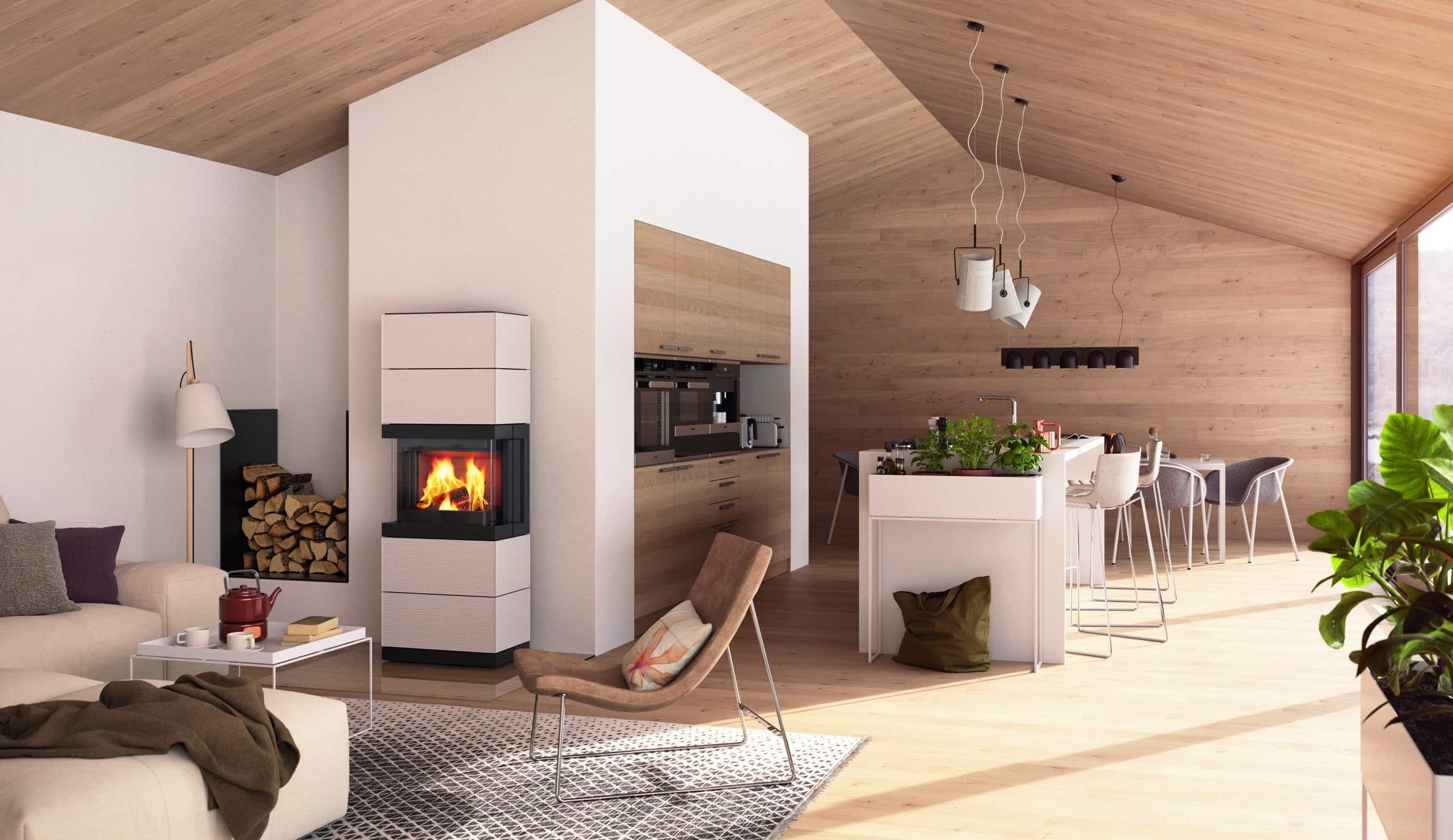 Hase Patna IQ Kaminofen in Schwarz mit Kreideoberfläche und Lamellensystem in modernem Wohnraum mit Holzdecke und offener
