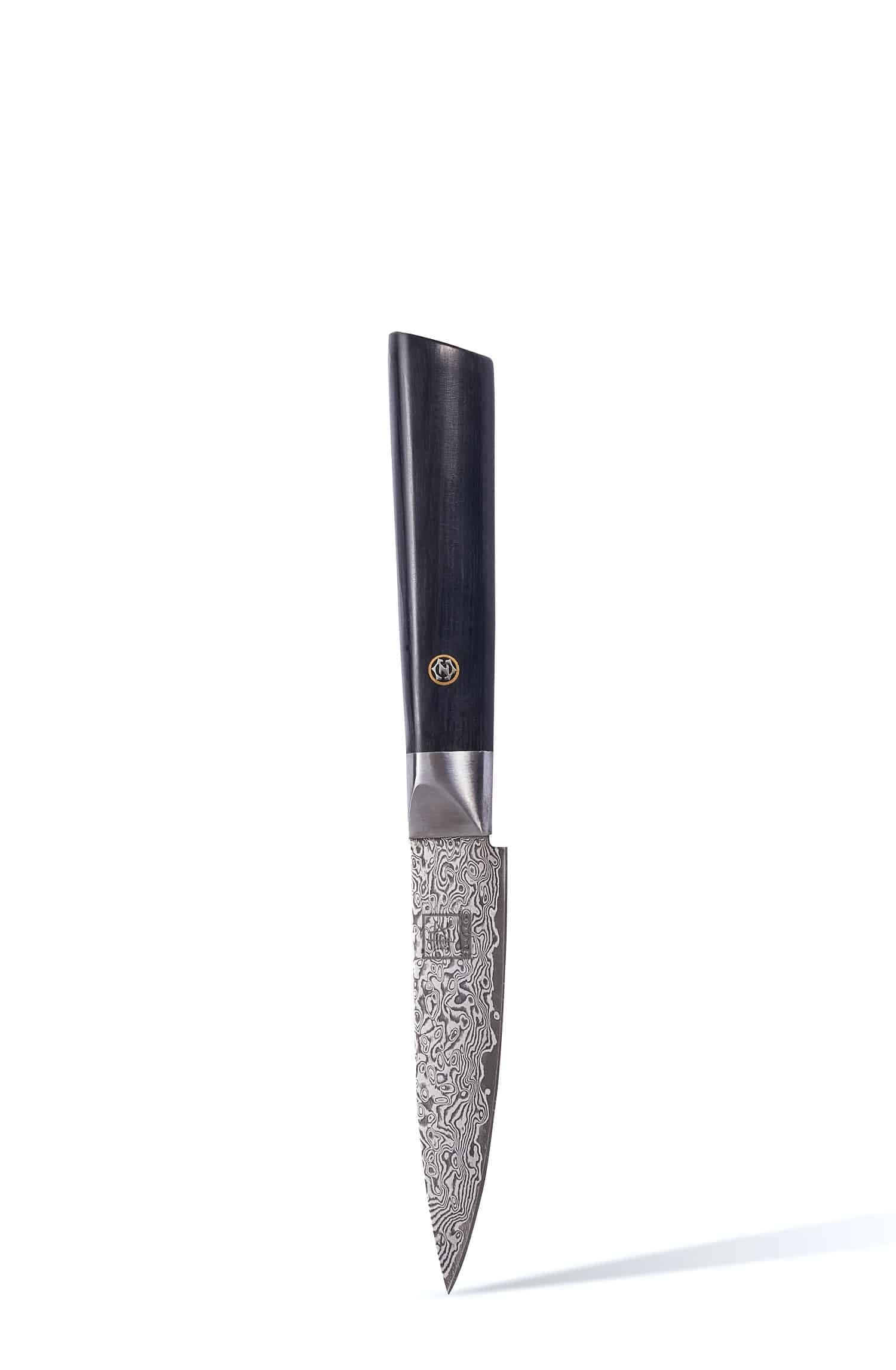 Officemesser mit schwarzem Holzgriff und Damastklinge, metallischer Zwinge und goldener Plakette