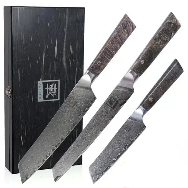 Zayiko 3er Damastmesser Set mit drei Messern unterschiedlicher Größe, Ahornholzgriffen und schwarzer Holzbox