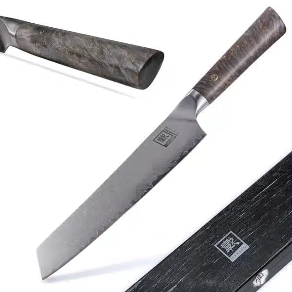 Damast-Chefmesser mit Ahornholzgriff, Gesamtansicht und Detailaufnahmen von Klinge und Griff