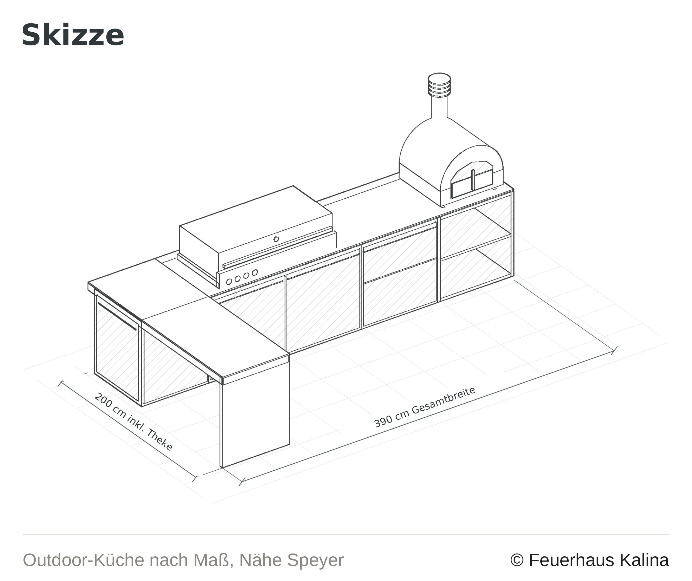 Technische Skizze der Outdoor-Küche in räumlicher Darstellung: Theke im Vordergrund, dahinter Grillmodul, Staumodule und der Pizzaofen, mit den Maßen 390 cm Gesamtbreite und 200 cm Tiefe inklusive Theke.