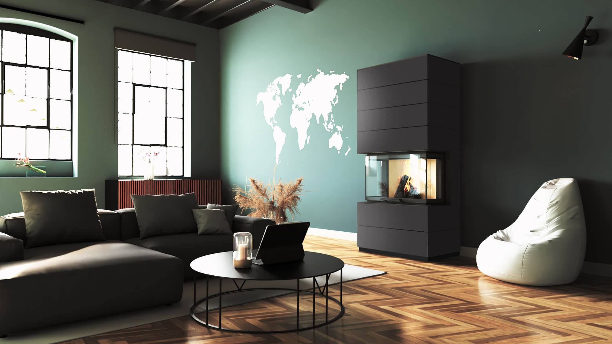 neocube P20 black & white Edition in Schwarz, die waagerecht eingefrästen Rillen gliedern den Korpus, in einem Wohnraum mit grüner Wand