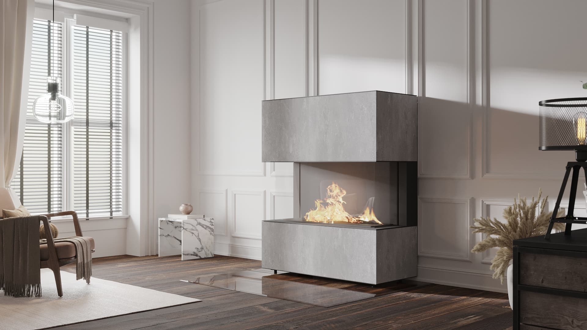 neocube GU 100 Gaskamin mit 109 cm breiter Scheibe und Verkleidung in New York New York, brennendes Gasfeuer im Wohnraum.