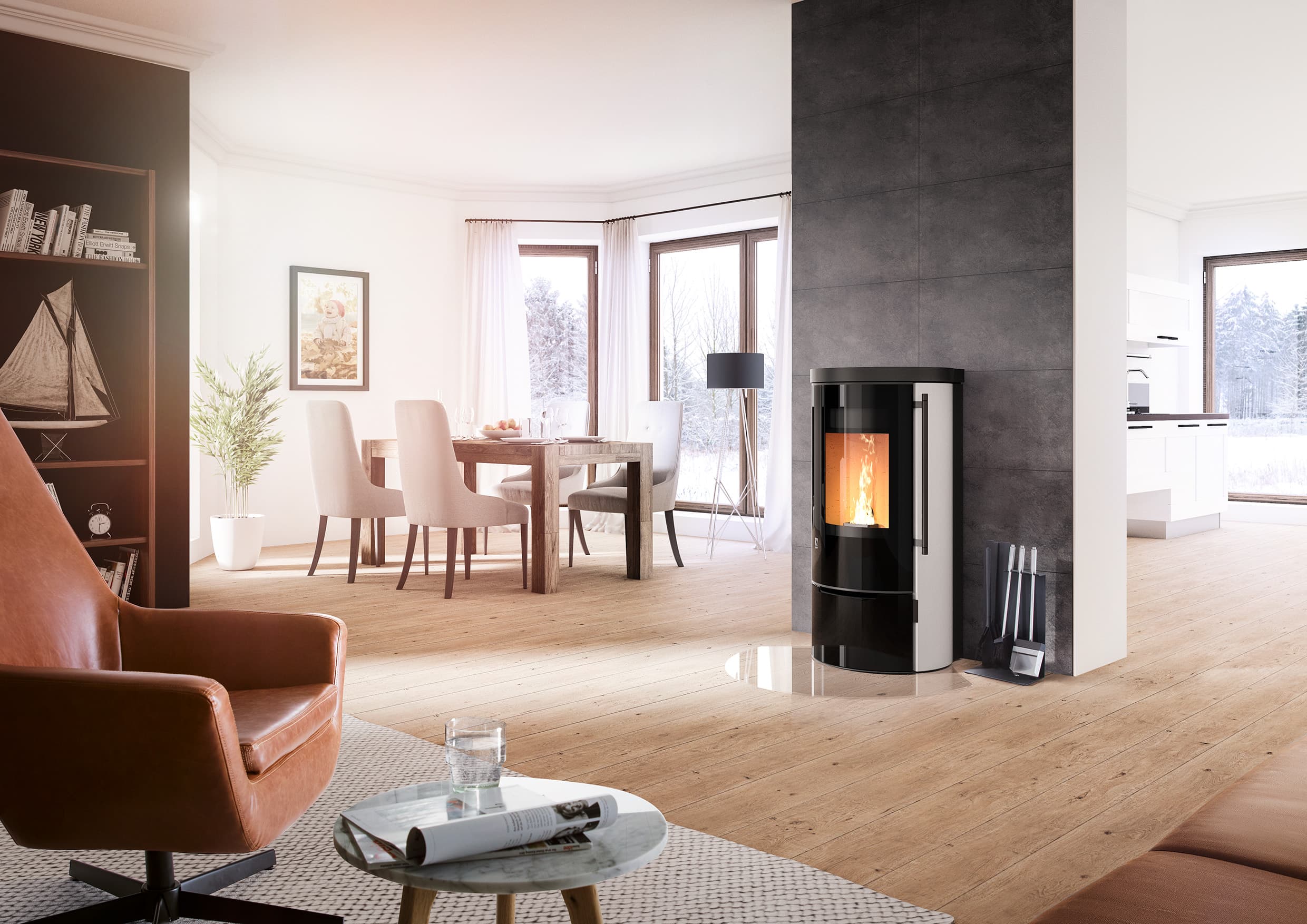 Drooff Aprica 2 Trend Pellet in Premium White mit schwarzen Bedienelementen im Wohnraum