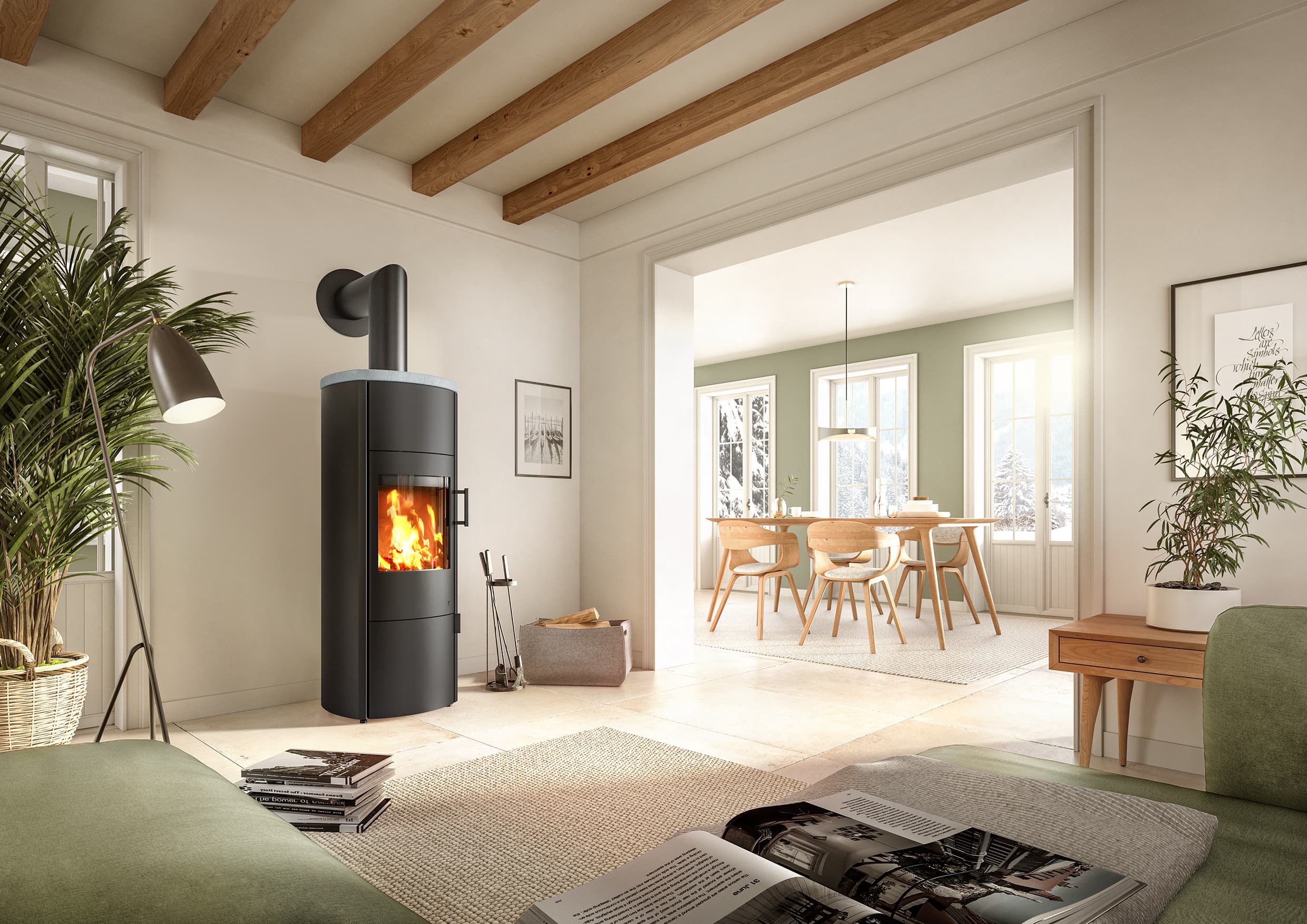 Drooff Farini Plus Kaminofen mit NatStone-Verkleidung und hohem Korpus im Wohnraum