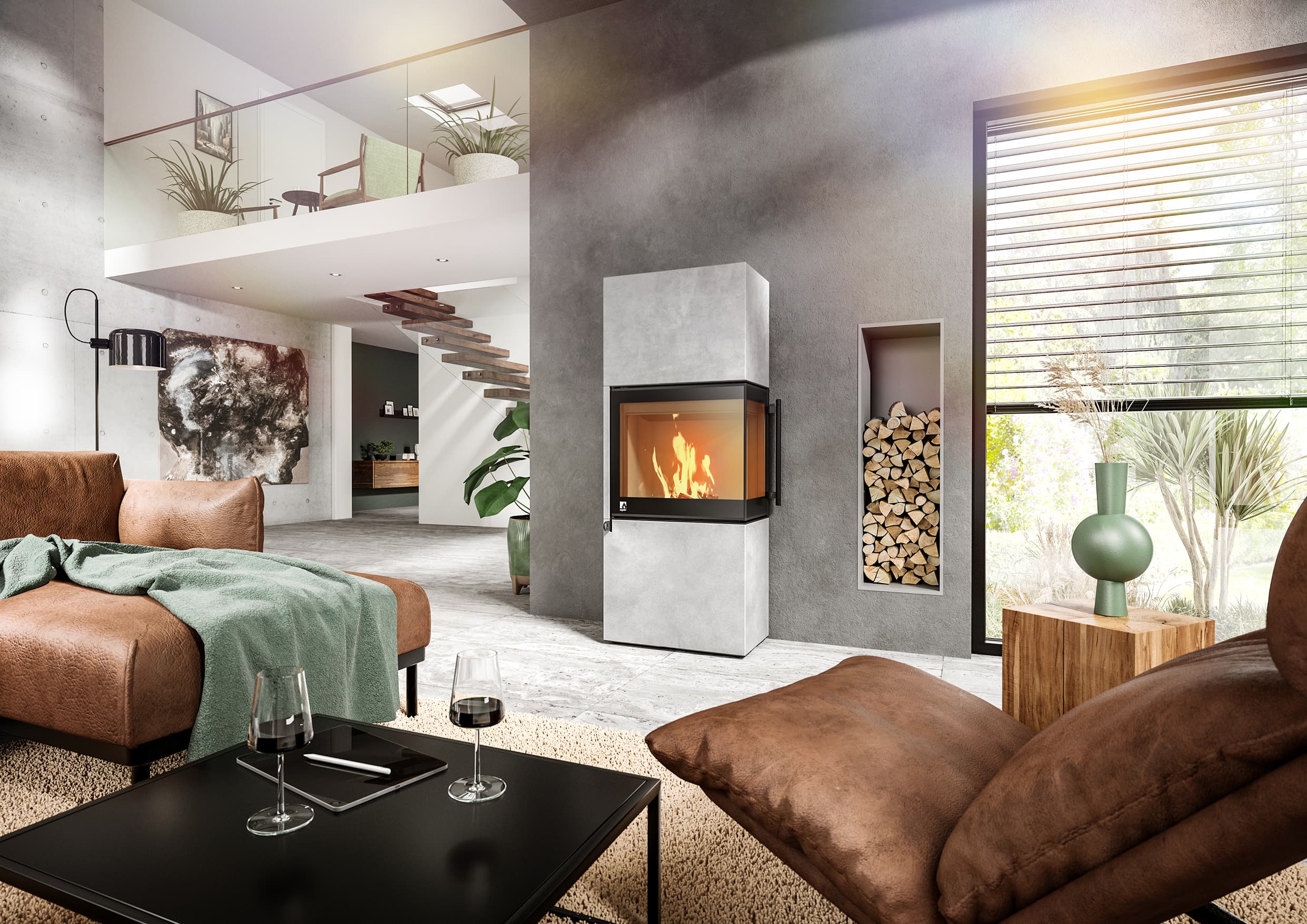 Drooff Livera Panorama ArtBeton pure mit Betonoptik-Verkleidung vor grauer Wand