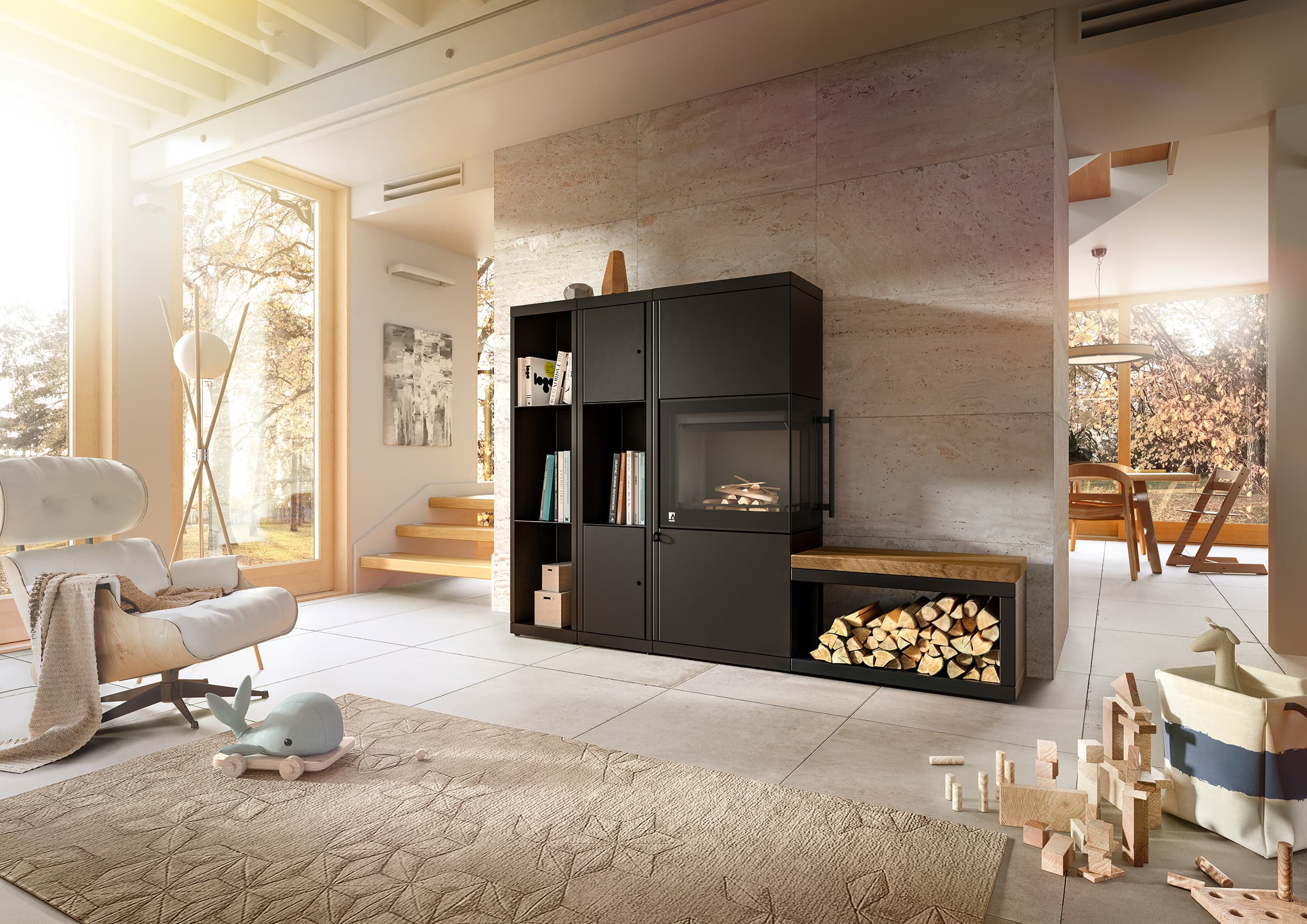 Drooff Livera Panorama L in Stahl schwarz mit Regalmodulen und Holzfach im Wohnraum