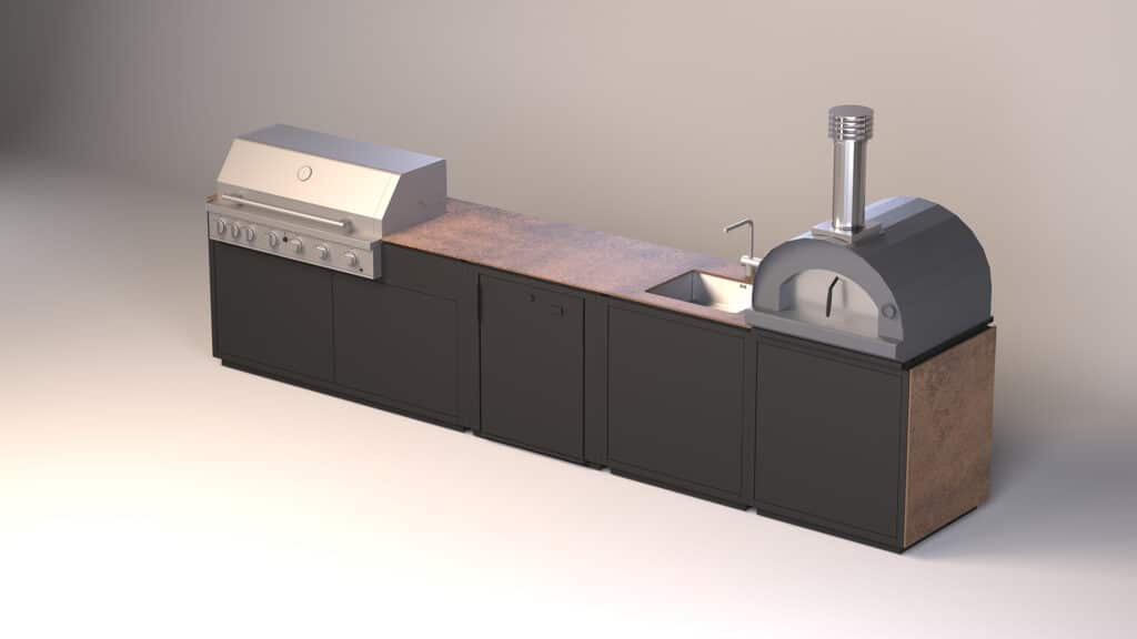 CB Outdoor Kitchen mit Beef Eater Gasgrill, Spülbecken, Stauraum und Pizzaofen - Keramik Iron Corten Italy
