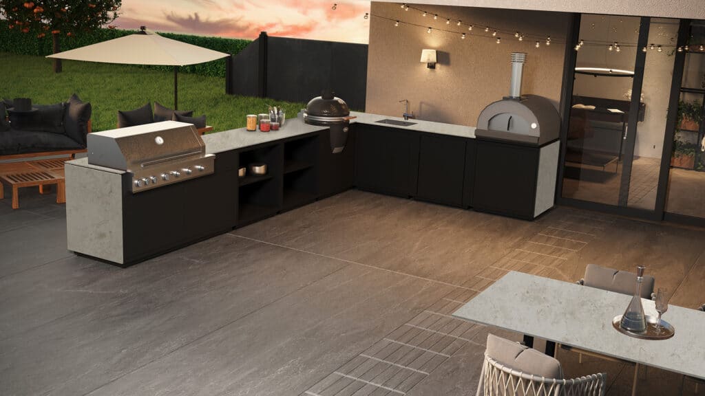 CB Outdoor Kitchen Kendo mit Pizzaofen, Gasgrill, Monolith Grill, Spülbecken und Stauraum.