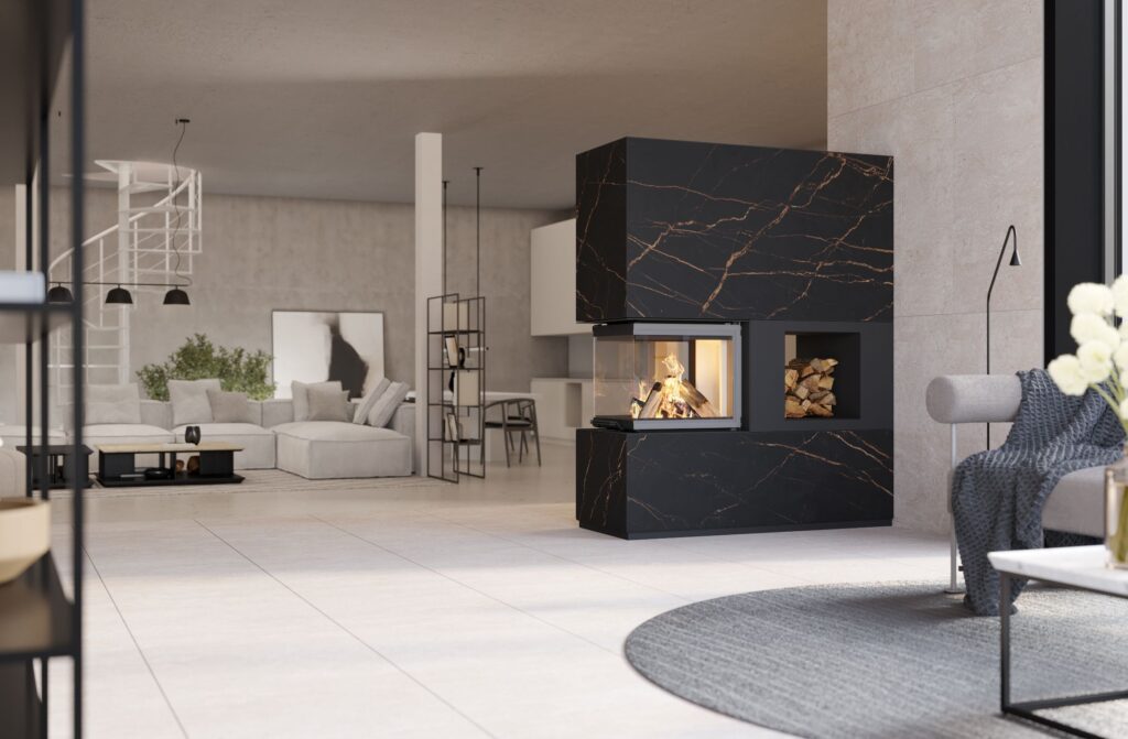 Neocube P45 Raumteiler in Keramik Laurent mit Holzfach, 3-seitigem Panoramaglas und wandbündigem Einbau im modernen Wohnraum.