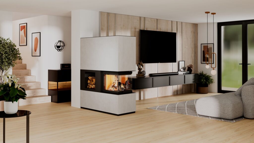 Neocube P45 Raumteiler mit Holzfach und 3-seitigem Panoramaglas, Keramikverkleidung in Luna, wandbündig eingebaut im offenen Wohnbereich.