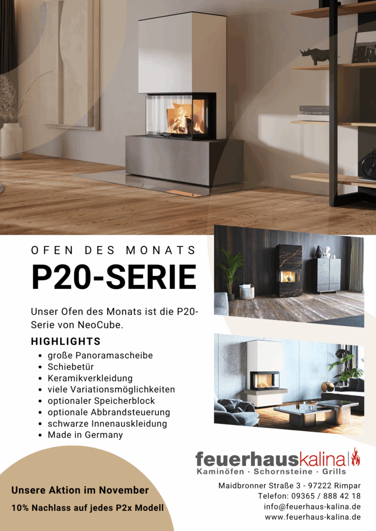 Ofen des Monats November: NeoCube P20-Serie Kaminanlage mit Panoramascheibe, Keramikverkleidung und optionalem Speicherblock – Aktion bei Feuerhaus Kalina in Rimpar bei Würzburg