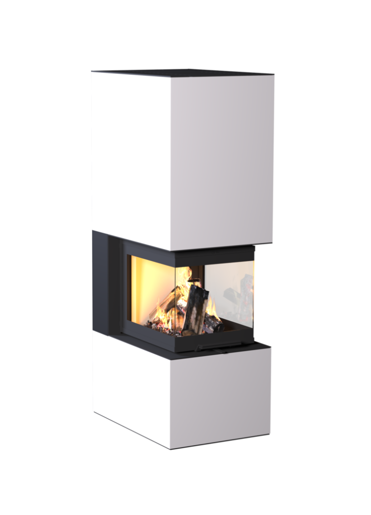 Kaminbausatz Neocube P40 mit 3-seitigem Panoramaglas und hochschiebbarer Frontscheibe, Keramikverkleidung in Arctic White, wandbündig eingebaut.