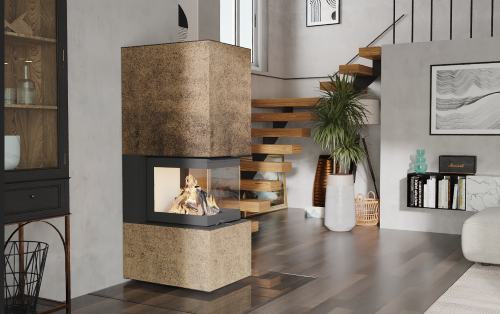 CB Tec P40 Kamin mit 3-seitigem Panoramaglas und Keramik Rost Iron Corten