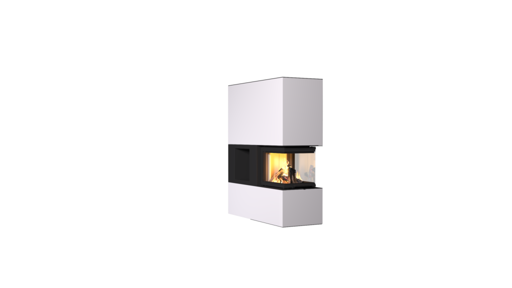 Neocube P45 Raumteiler mit 3-seitigem Panoramaglas und Holzfach, Keramik Arctic White, wandbündiger Einbau.