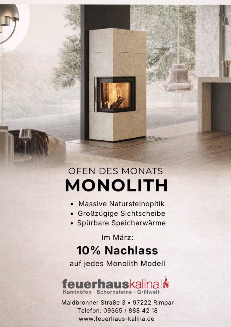 Ofen des Monats März: Monolith Kaminofen mit massiver Natursteinoptik und großer Sichtscheibe – 10 % Rabatt bei Feuerhaus Kalina in Rimpar bei Würzbur