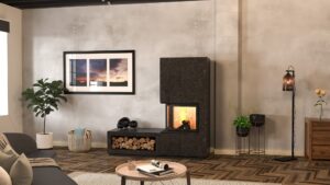 Kaminofen Monolith L20 mit Natursteinverkleidung und integriertem Holzlagerfach in modernem Wohnzimmer – Speicherofen von CB-Tec bei Feuerhaus Kalina Würzburg