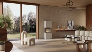 neocube Ethanol-Edition mit heller Oberfläche in großzügigem modernen Wohnraum