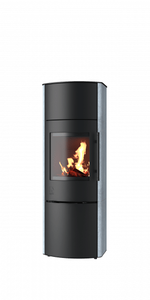 Moderner Kaminofen mit sichtbarem Feuer.