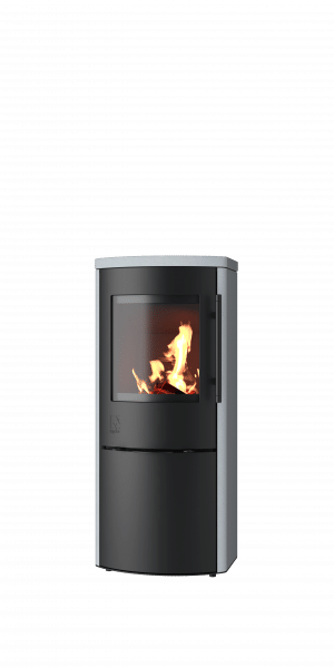 Moderner Kaminofen mit sichtbarem Feuer.