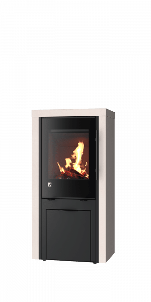 Moderner Kaminofen mit sichtbarem Feuer.
