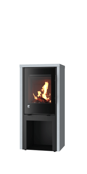 Moderner Kaminofen mit sichtbarem Feuer.
