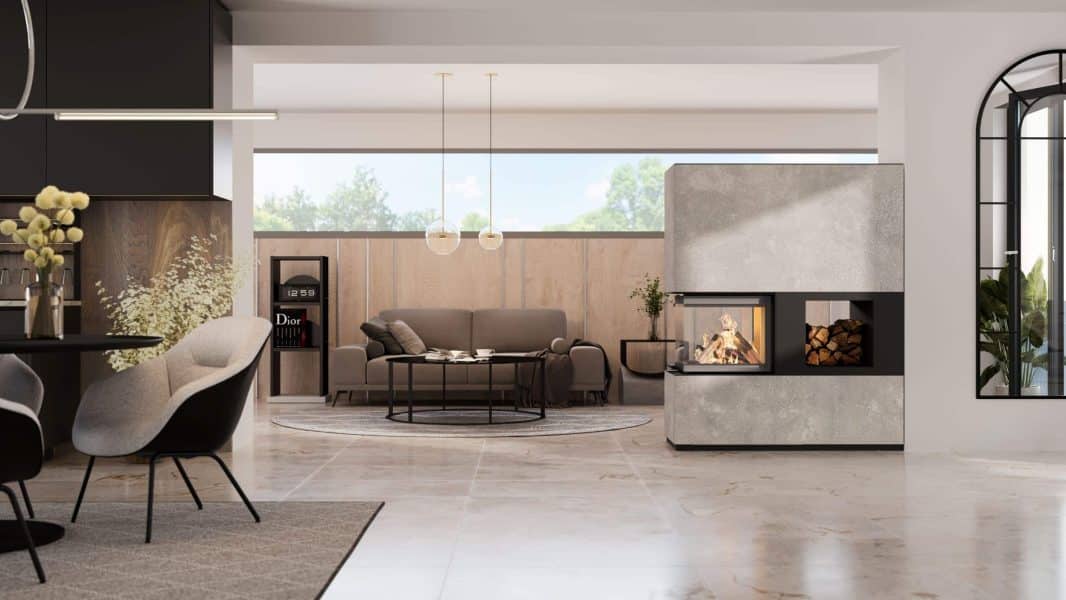 Neocube P45 Raumteiler mit 3-seitigem Panoramaglas, wandbündigem Aufbau und Holzfach, Keramikverkleidung New York New York in Betonoptik.