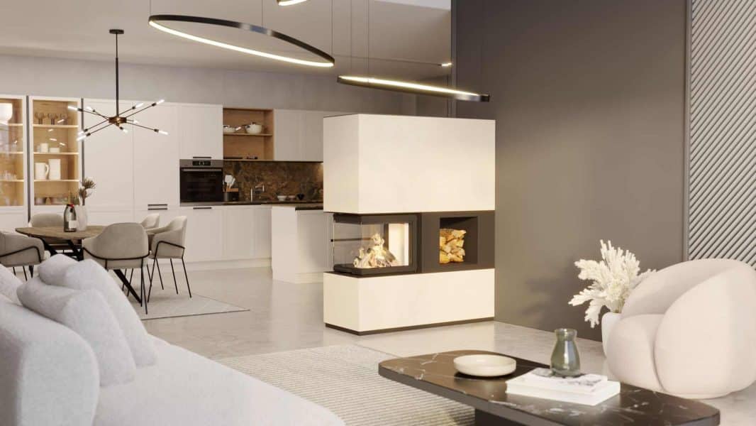 Neocube P45 Raumteiler mit Holzfach und 3-seitigem Panoramaglas, wandbündig eingebaut, Keramikverkleidung Osso in warmem Beigeton.