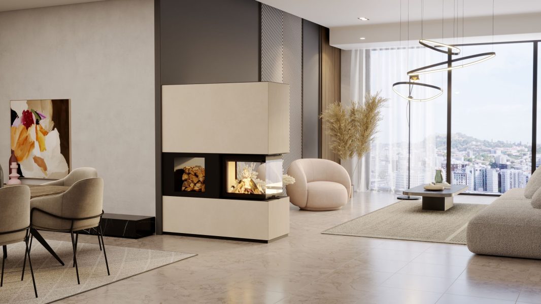 Neocube P45 Raumteiler in Keramik Osso mit integriertem Holzfach, 3-seitiger Sicht und wandbündigem Einbau im Wohn-Essbereich.