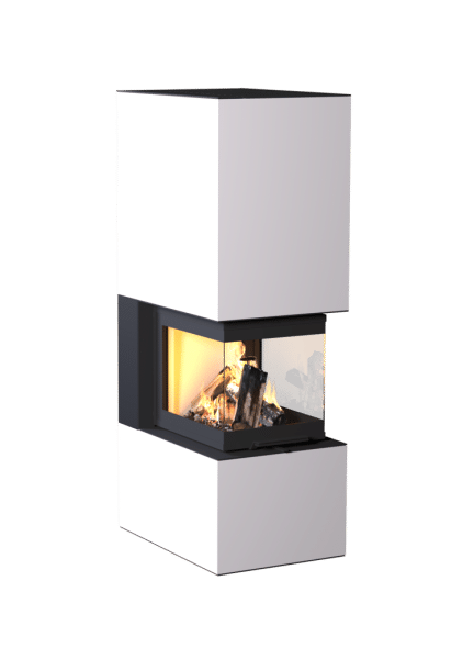 Kaminbausatz Neocube P40 mit 3-seitigem Panoramaglas und hochschiebbarer Frontscheibe, Keramikverkleidung in Arctic White, wandbündig eingebaut.
