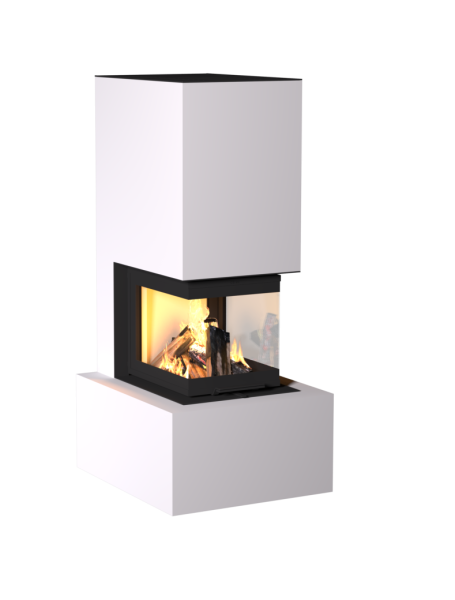 Kaminbausatz Neocube P41 mit 3-seitigem Panoramaglas, hochschiebbarer Frontscheibe und mittlerem Bank-Element, Keramikverkleidung in Arctic White, wandbündig eingebaut.