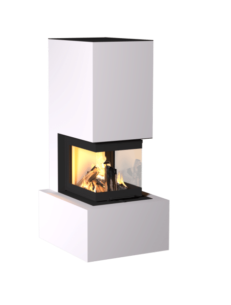 Kaminbausatz Neocube P41 mit 3-seitigem Panoramaglas, hochschiebbarer Frontscheibe und mittlerem Bank-Element, Keramikverkleidung in Arctic White, wandbündig eingebaut.