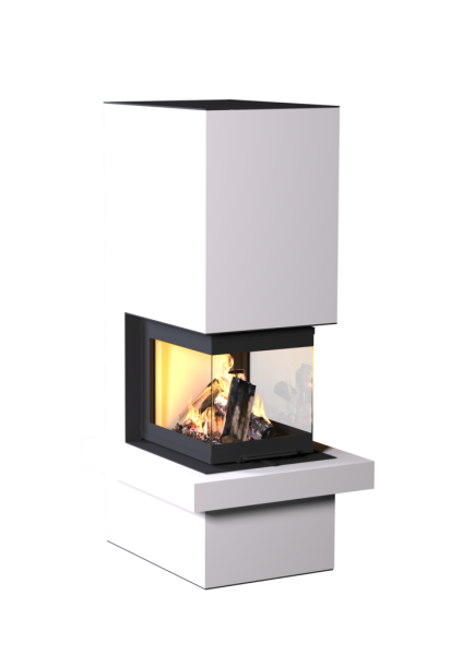 Kaminbausatz Neocube P44 mit 3-seitigem Panoramaglas, hochschiebbarer Frontscheibe und umlaufendem Feuersims, Keramikverkleidung in Arctic White, wandbündig eingebaut.