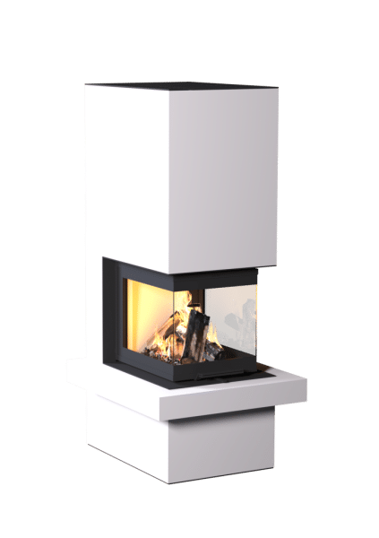 Kaminbausatz Neocube P44 mit 3-seitigem Panoramaglas, hochschiebbarer Frontscheibe und umlaufendem Feuersims, Keramikverkleidung in Arctic White, wandbündig eingebaut.