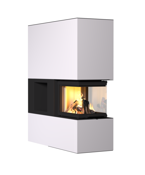 Neocube P45 Raumteiler mit 3-seitigem Panoramaglas und Holzfach, Keramik Arctic White, wandbündiger Einbau.