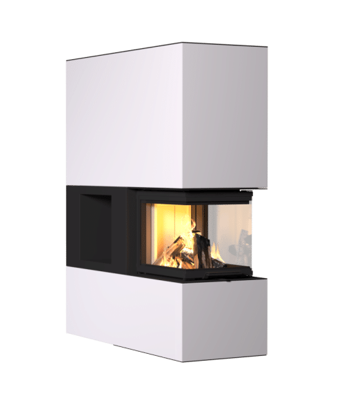 Neocube P45 Raumteiler mit 3-seitigem Panoramaglas und Holzfach, Keramik Arctic White, wandbündiger Einbau.